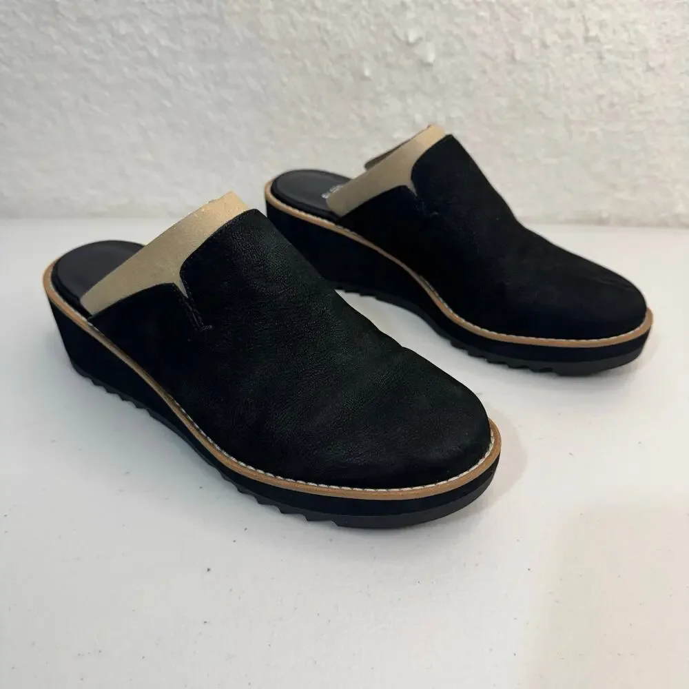 Eileen Fisher Loti Black Tumbled Nubuck Leather Slip-On Wedge Mule Clog Shoe 7.5